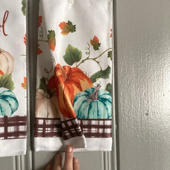NWT-Set of 3- Cream, Blue & Orange Fall Pumpkins & Thankful Kitchen Towels 25x15 - Picture 10 of 17